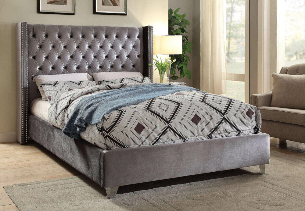 Velvet Fabric Bed With Deep Button Tufting and Nailhead Details