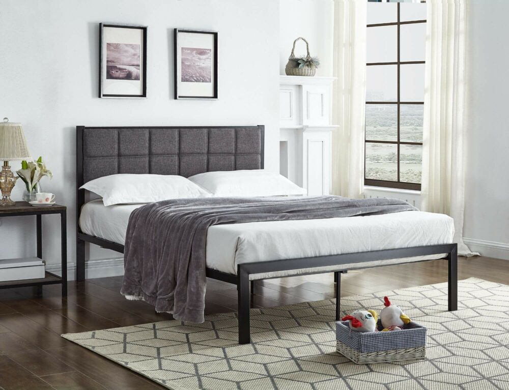 Black Steel Platform Bed with Grey Fabric Panel
