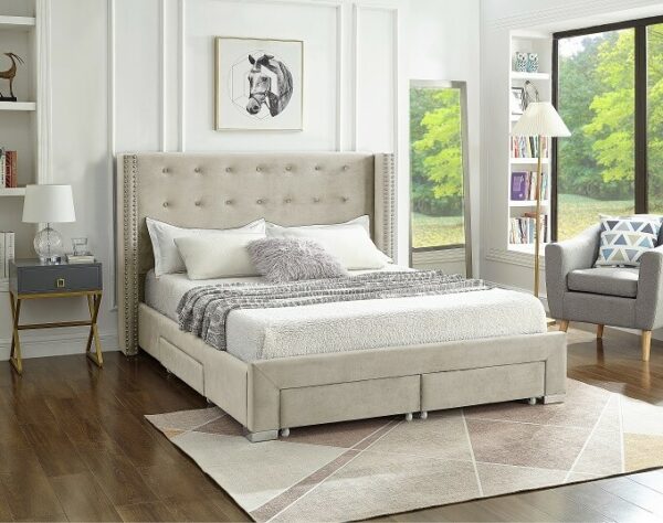 Velvet Fabric Wing Bed with Nailhead Details and Chrome Legs