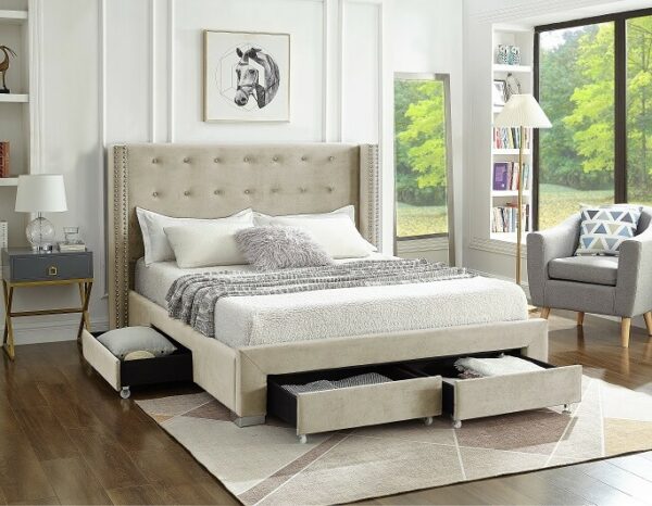 Velvet Fabric Wing Bed with Nailhead Details and Chrome Legs
