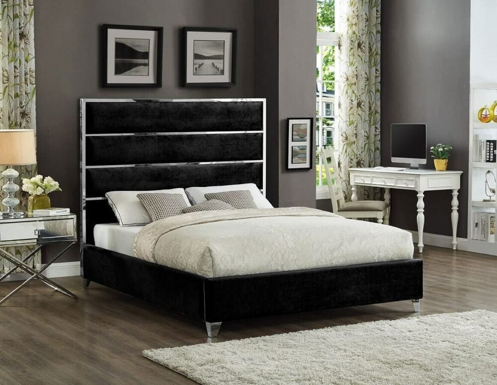 Velvet Bed Featuring a Chrome Channel Design