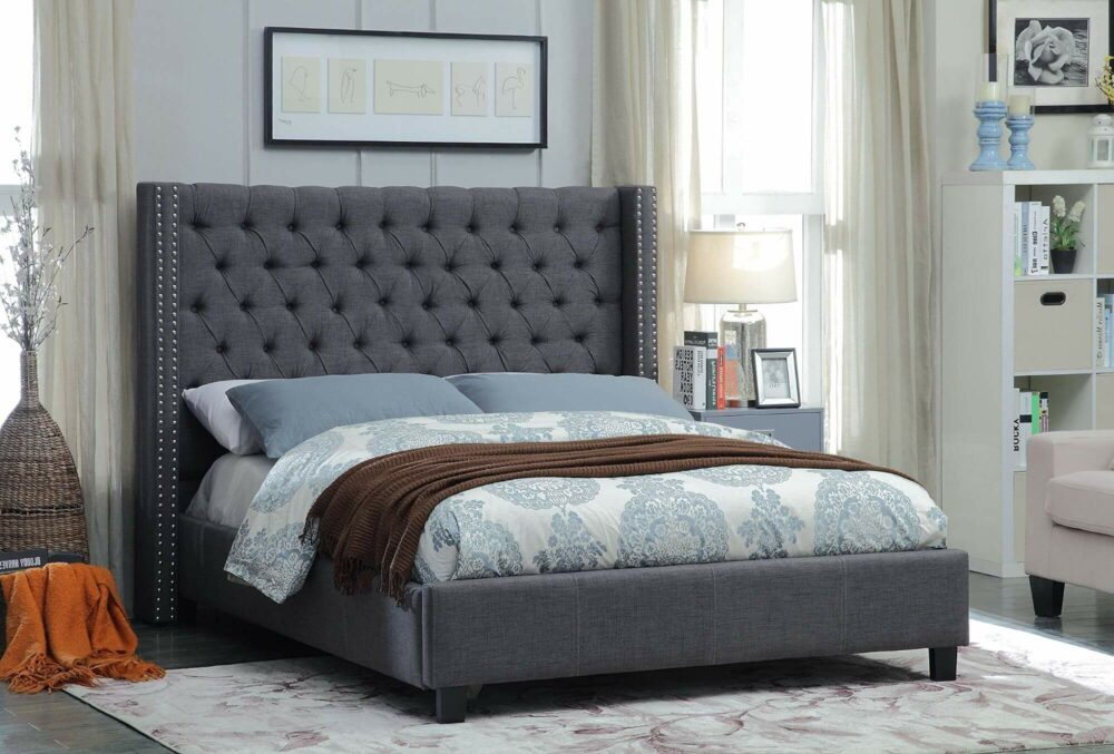 Fabric Wing Bed with Deep Button Tufting and Nailhead Details