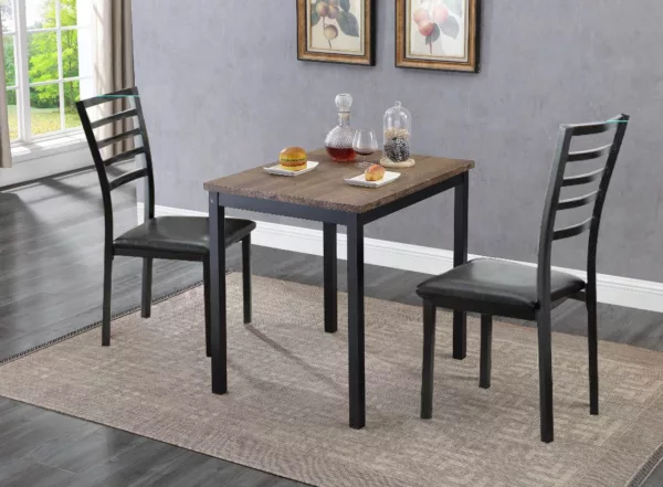 It has two upholstered PU chairs with black metal legs and a distressed rectangular wood table top. From International Furniture, T-1025-C-1023 from Homebay Furniture.