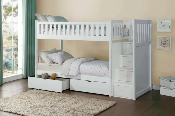 Galen White Twin Step Bunk bed With Storage Boxes - B2053SBW-1-T | Homebay