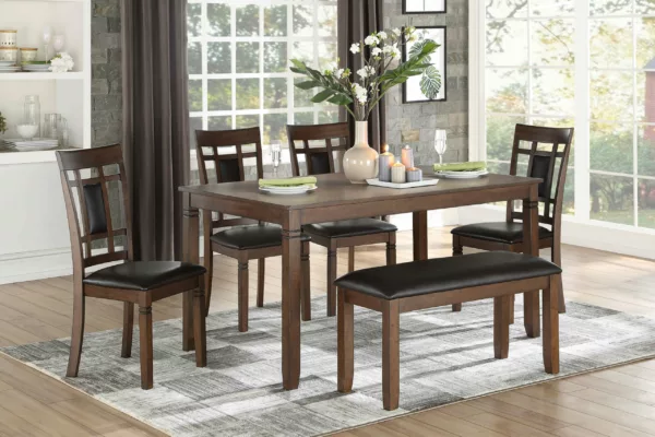 The Salton Collection is packaged as a six-piece set that includes the table, four chairs, and a bench. The collection’s birch veneer is finished in traditional cherry. Dining chairs that are wood-framed further draw inspiration from the classic style with brown faux leather seats and backs. from Mazin Furniture, MA-5658 from Homebay Furniture.