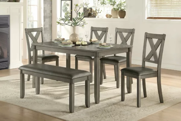 Holders Dining Set. Table, four chairs, and a bench are all included in the collection's simple 6-piece packing. The simple style of the table is wonderfully complemented by X-back, wood-frame seats. The collection's gray finish is complemented by the light, neutral-colored seats. From Mazin, MA-5693 from Homebay Furniture.